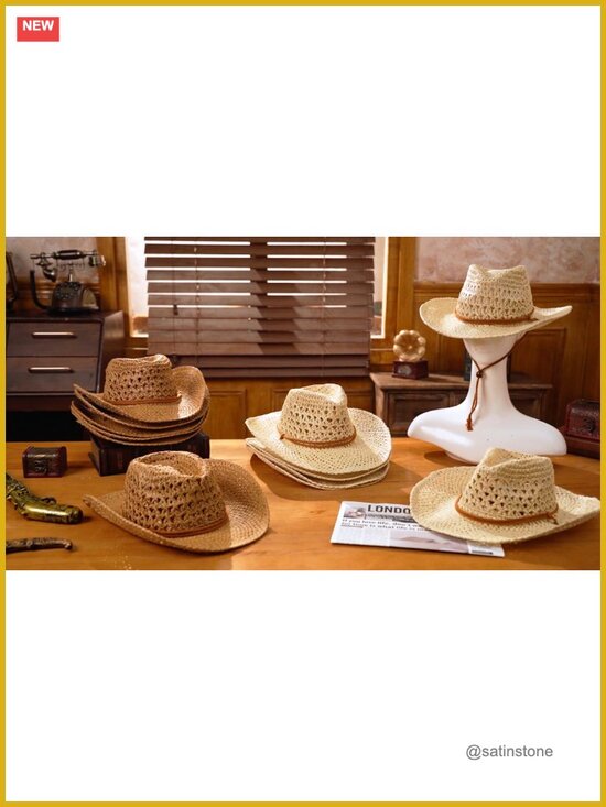 6 Pack Western Straw Cowboy Sun Hats with Chin Strap Wide Brim